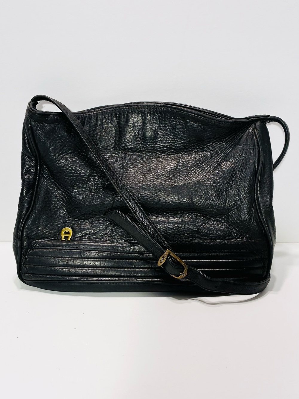 Vintage 90s Aigner Black Pebbled Leather Crossbody Bag Brass Hardware 11.5x10